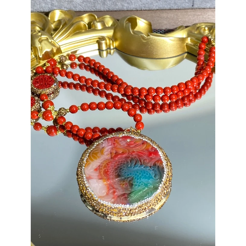 铜合金合成锆石项链 TTSD 红色龙牌时尚潮流百搭款毛衣链 8433