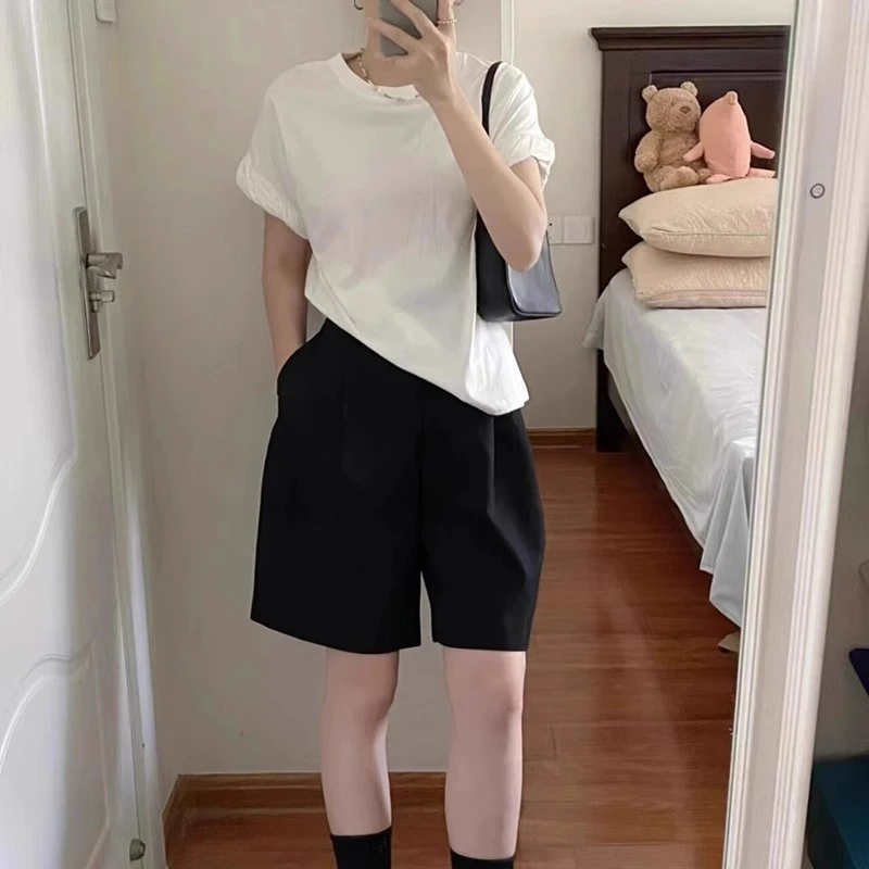黑色西装短裤女夏季薄款梨形身材高腰宽松显瘦百搭阔腿五分休闲裤