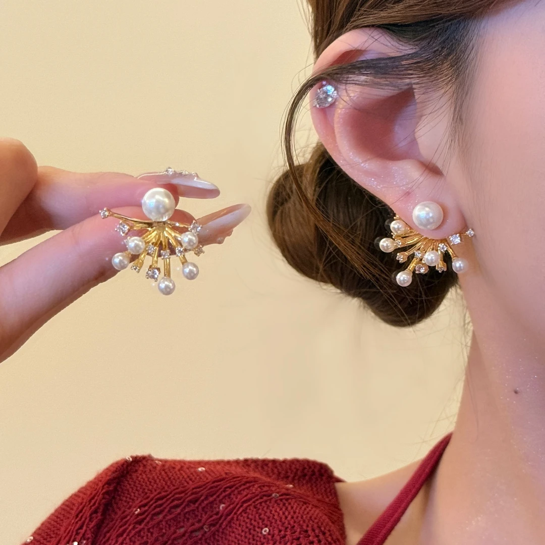 铜合金锆石耳饰  精致闪锆珍珠耳钉超仙前后式两戴珍珠气质耳饰女