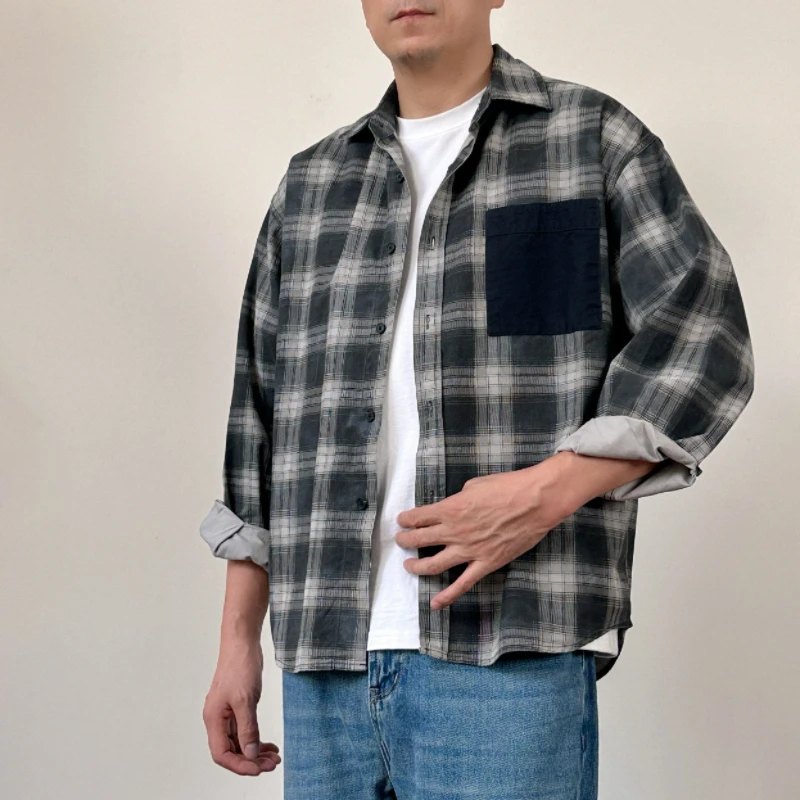 2025日系复古格子衬衫男女同款秋冬百搭衬衣宽松休闲上衣外套