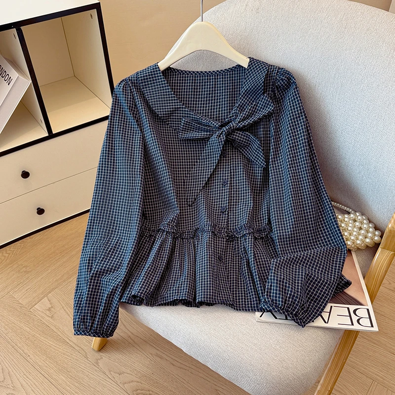 复古格子娃娃领衬衫女早秋拼接木耳边长袖防晒衬衣绑带蝴蝶结上衣