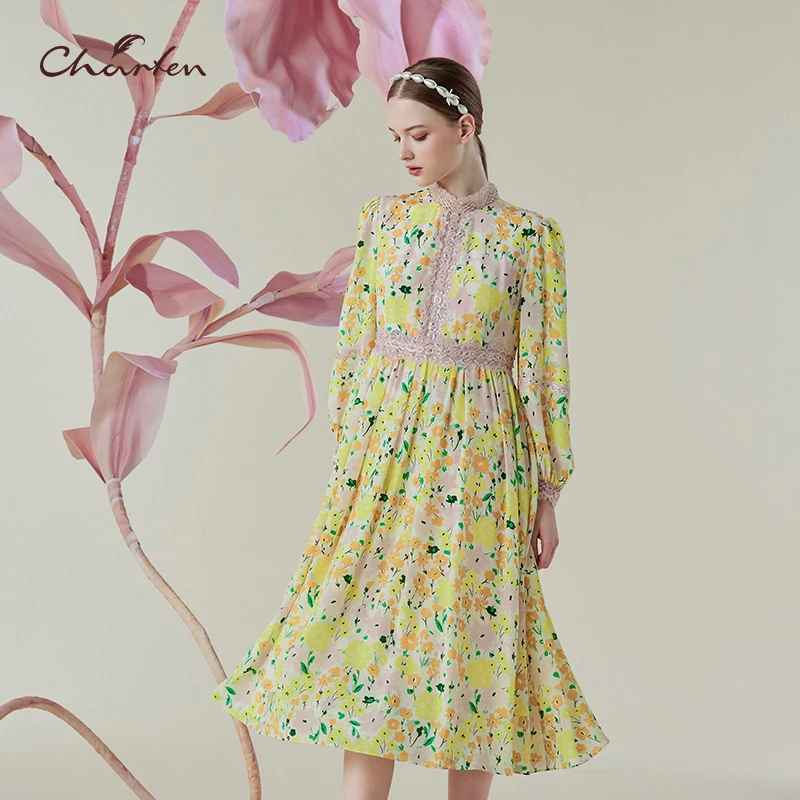 CHARFEN朝峰春季气质蕾丝印花桑蚕丝长裙CFE1D150-1106G