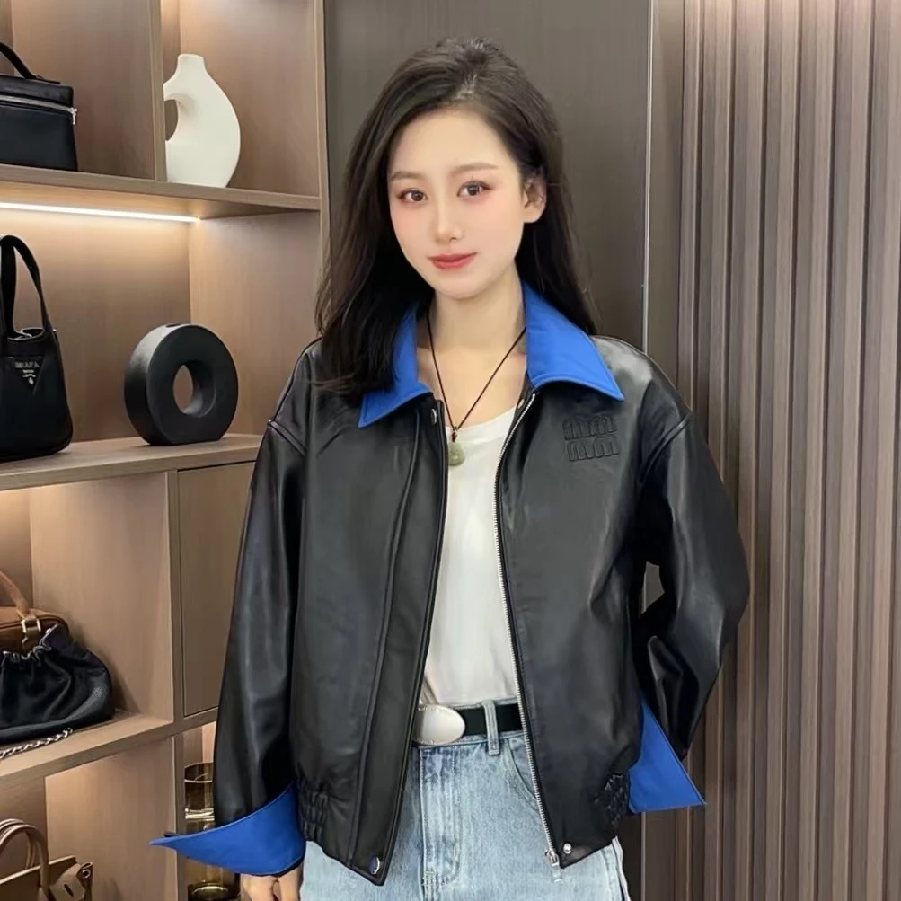 【薪多多推荐】时尚休闲黑色皮衣拼色薄款外套女-DUODUO-R120