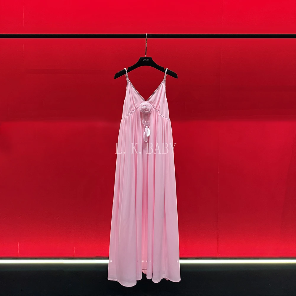 【L.K.BABY】翩翩起舞 法式纯欲V领闪钻玫瑰吊带连衣裙