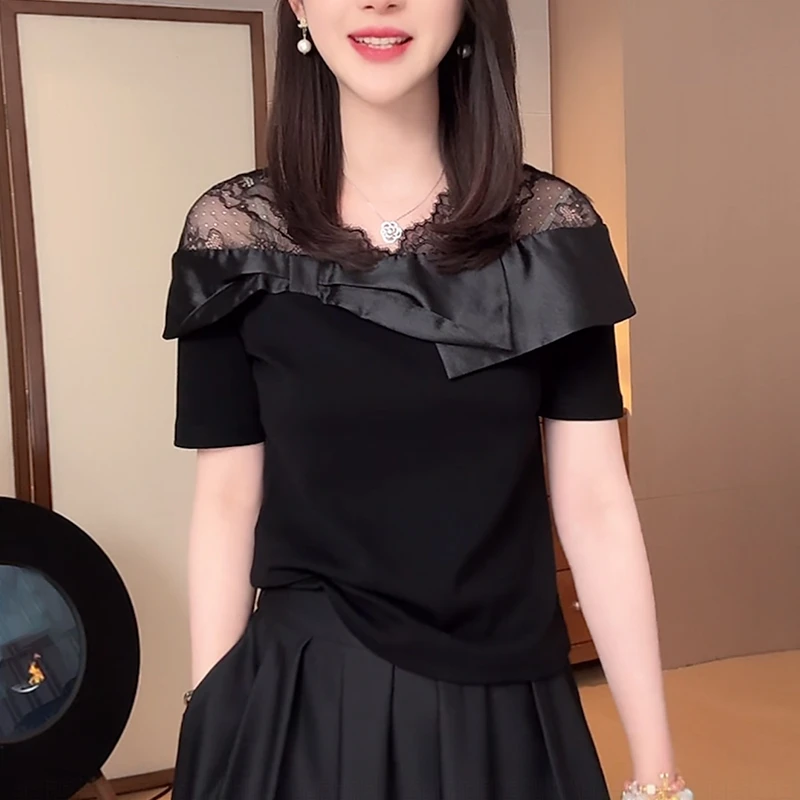 女士蕾丝拼接短袖t恤夏季2025新款减龄休闲时尚一字肩小衫上衣