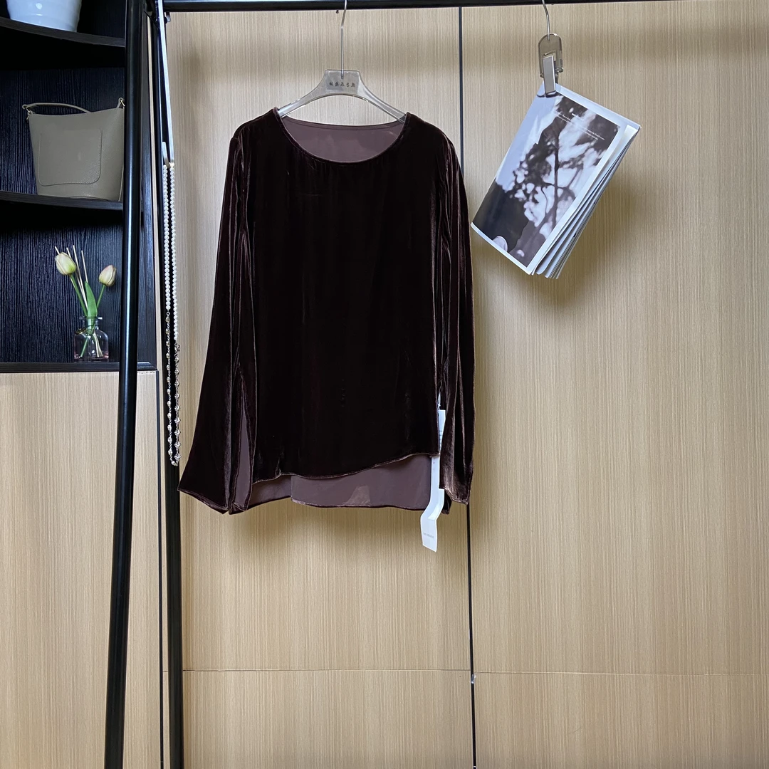 【燕子在南油】长袖时尚百搭显瘦纯色气质真丝丝绒上衣3427