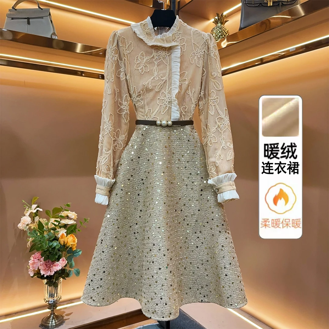 加绒加厚【雾暖枫糖】[晖晖]轻奢设计师款优雅时尚收腰连衣裙-88508
