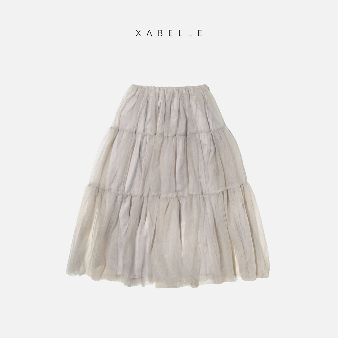 XABELLE 微醺 25轻薄飘逸 捏褶层叠网纱半身长裙25072