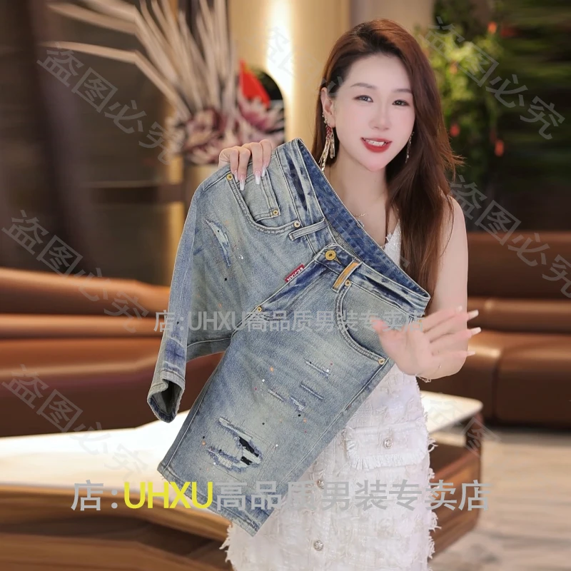 夏季复古做旧泼墨牛仔短裤男高定时尚韩版修身五分破洞裤休闲中裤