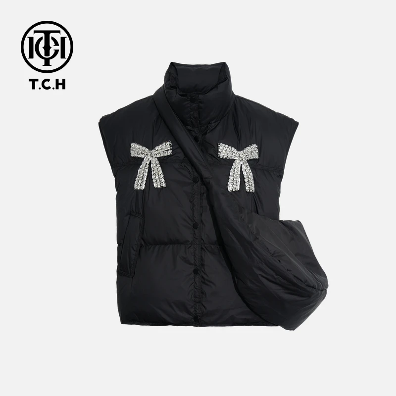 TCH私服秋冬慵懒风烫钻时尚淑女黑色羽绒服T75D25E1000轻奢tch