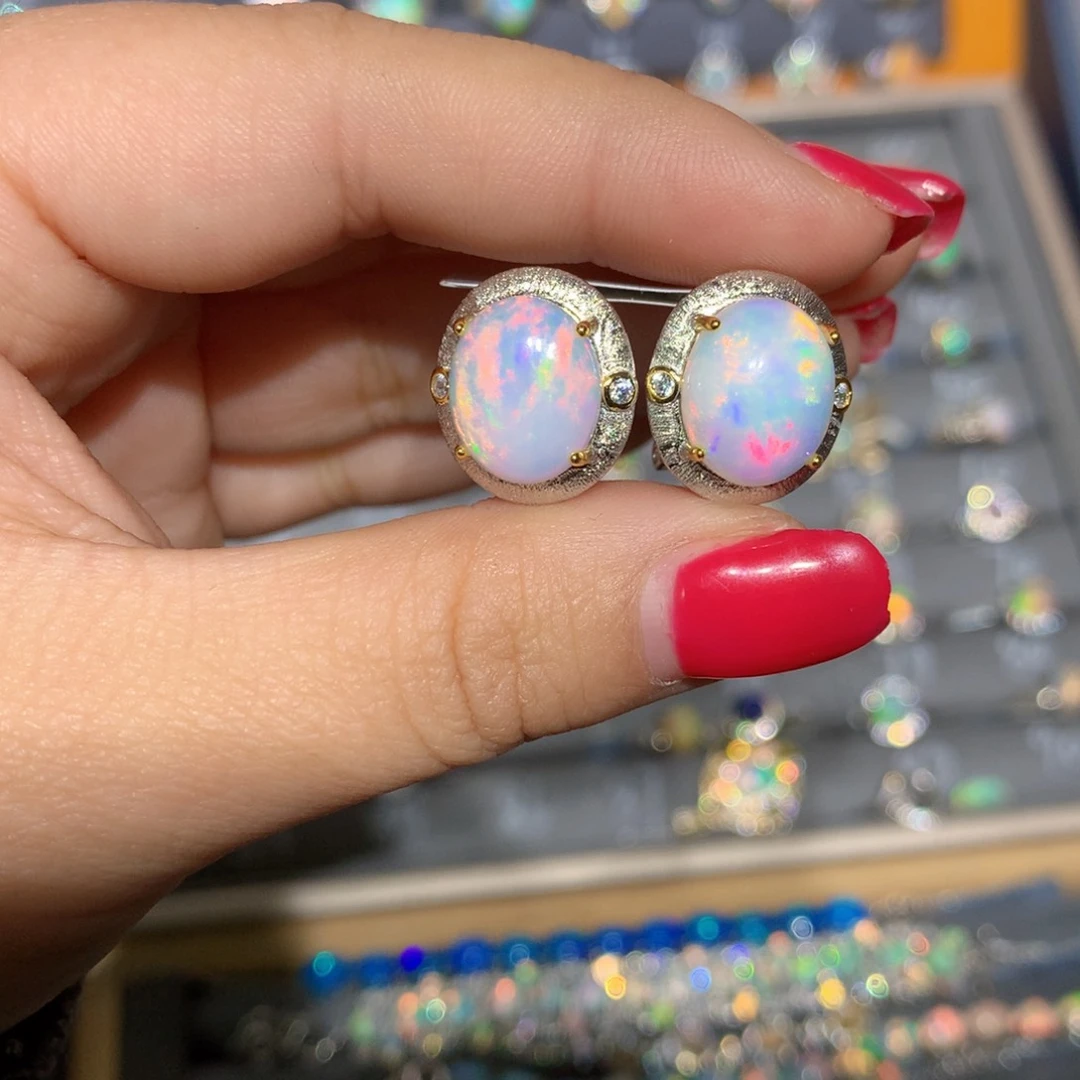 银S925镶嵌欧泊 欧泊耳饰l