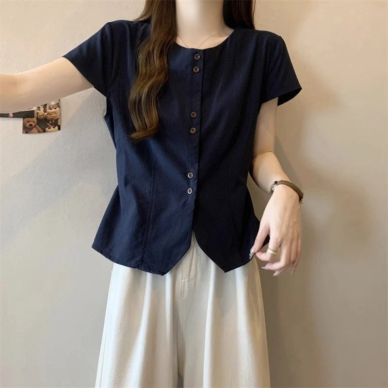 大码女装法式单排扣绑绳短袖衬衣女夏季胖mm气质显瘦上衣遮肚藏肉
