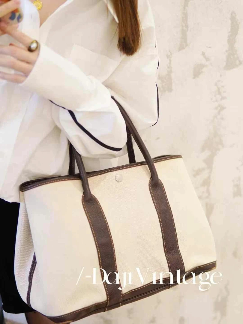 95新 Hermes/爱马仕 大吉中古/Hermes爱马仕帆布拼棕花园36手提包