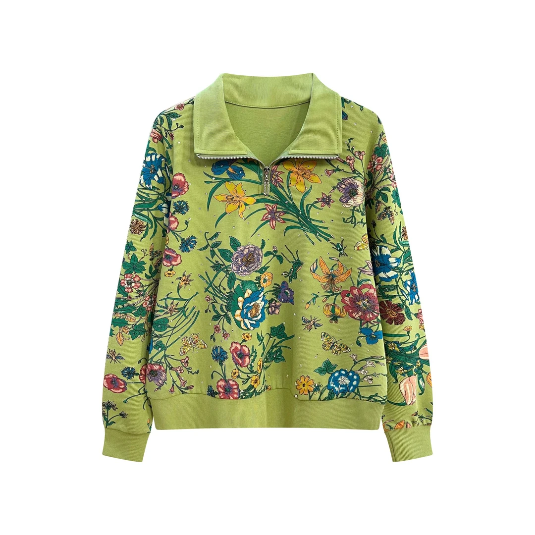 2025秋季新款时尚重工印花烫钻绿色休闲减龄百搭上衣#6572