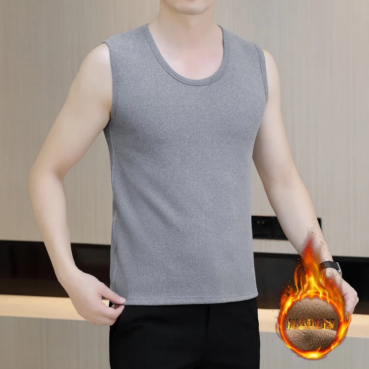 新款时尚青年保暖韩版男背心纯色双面磨毛羊羔绒男士打底内穿加绒