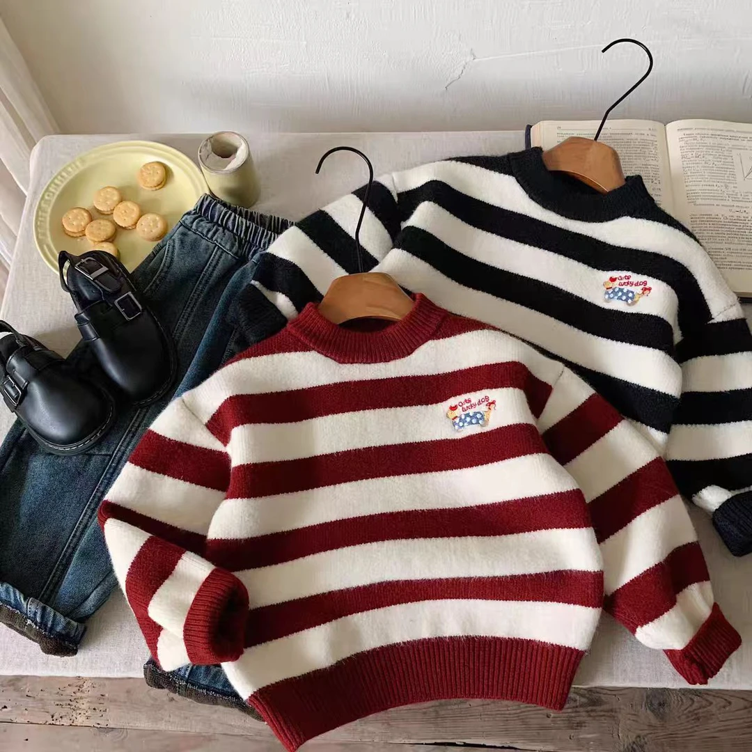 儿童毛衣红色条纹冬季新款男童女童一体绒加厚针织套头线衣韩版
