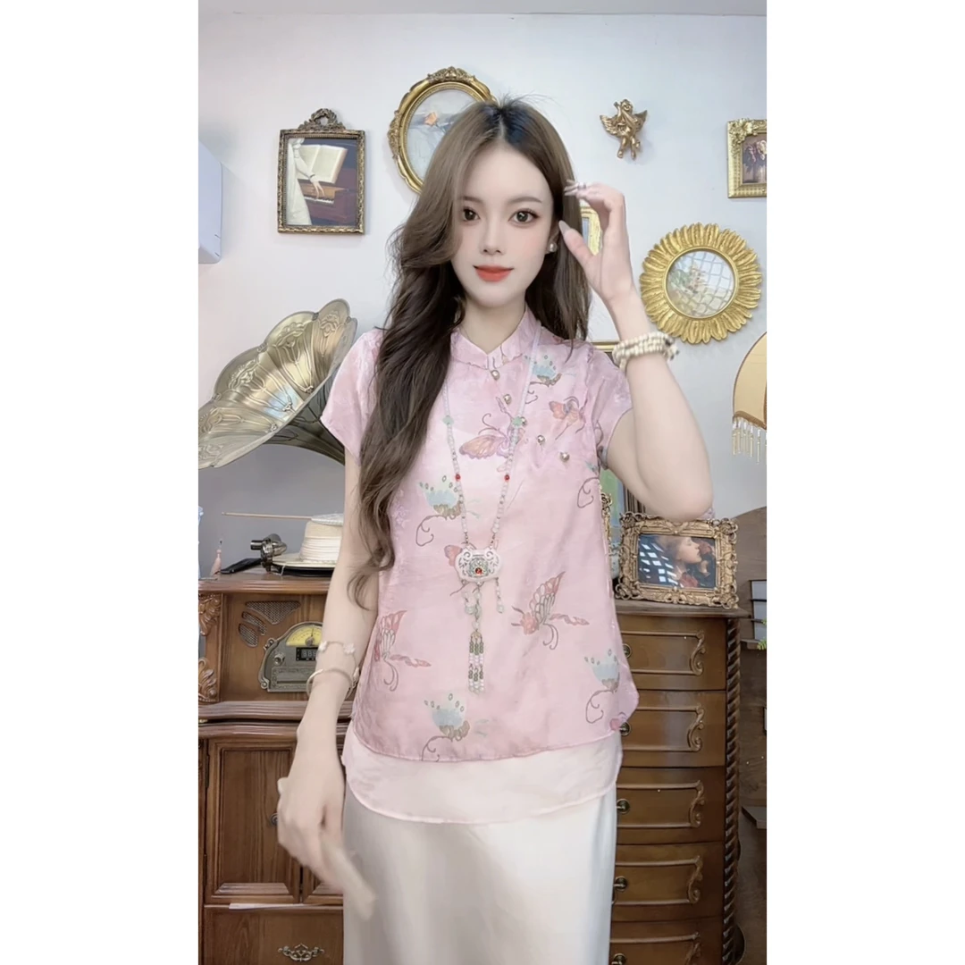 【633】新中式国风蝴蝶印花斜襟气质夏季女士衬衫洋气复古禅意上衣