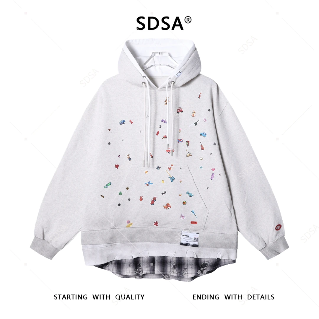 SDSA男士秋冬新款痞帅男装复古卡通印花假三件连帽卫衣时尚潮牌