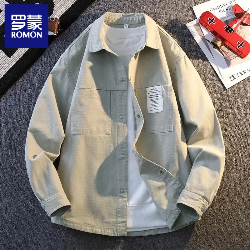 罗蒙100%纯棉男士夹克外套春秋新款潮牌痞帅气青少年大男孩衬衫式
