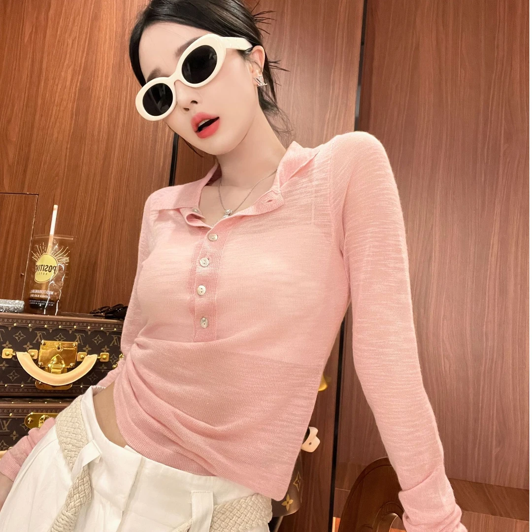 40122粉色上衣春夏半开领百搭防晒针织罩衫YCXB-FG40122