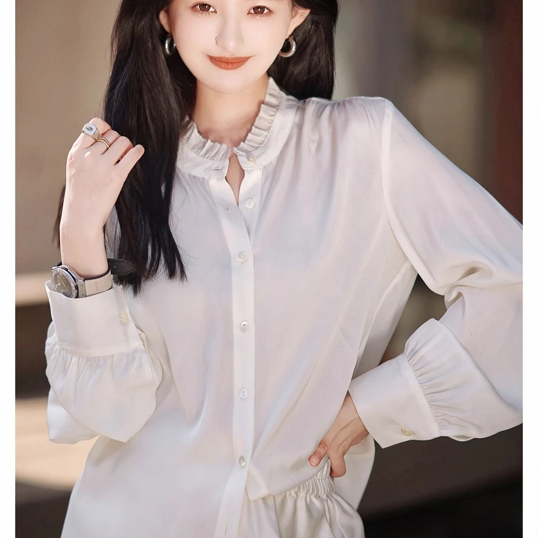 2025早春新款设计感白色通勤衬衫女轻熟风立领百搭小清新甜美衬衣