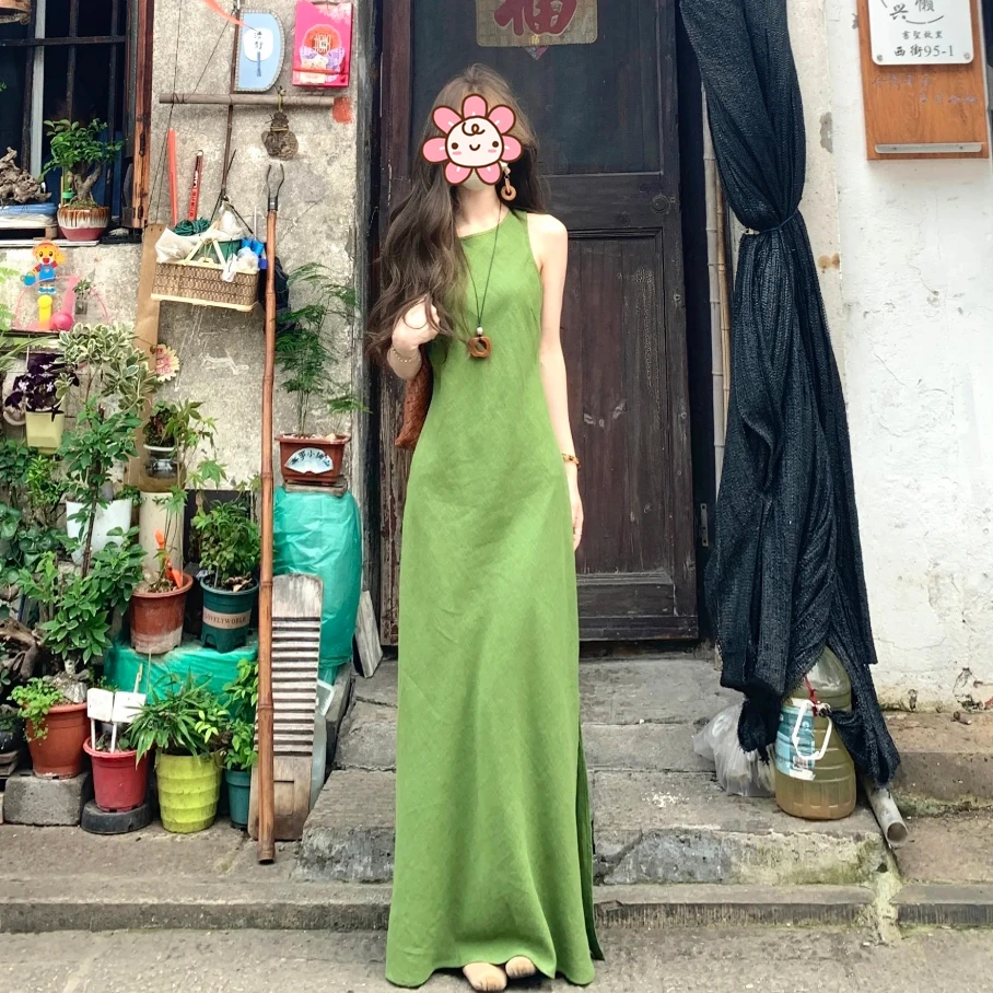 法式极简风气质无袖连衣裙女2025夏季新款洋气苎麻显瘦开叉长裙子