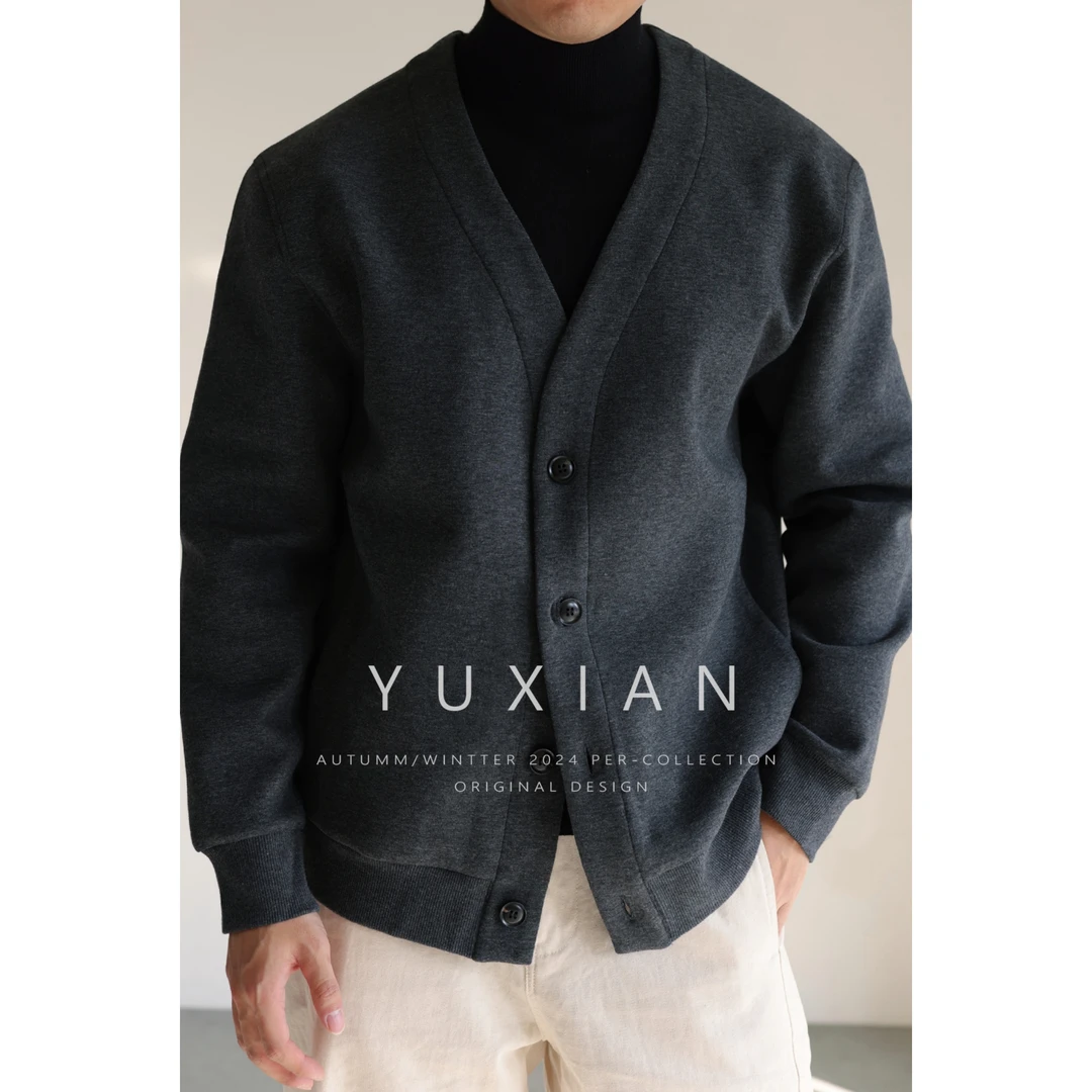 YUXIAN轻盈空气感双面棉质顺滑单排扣卫衣开衫日系外套男士秋冬季