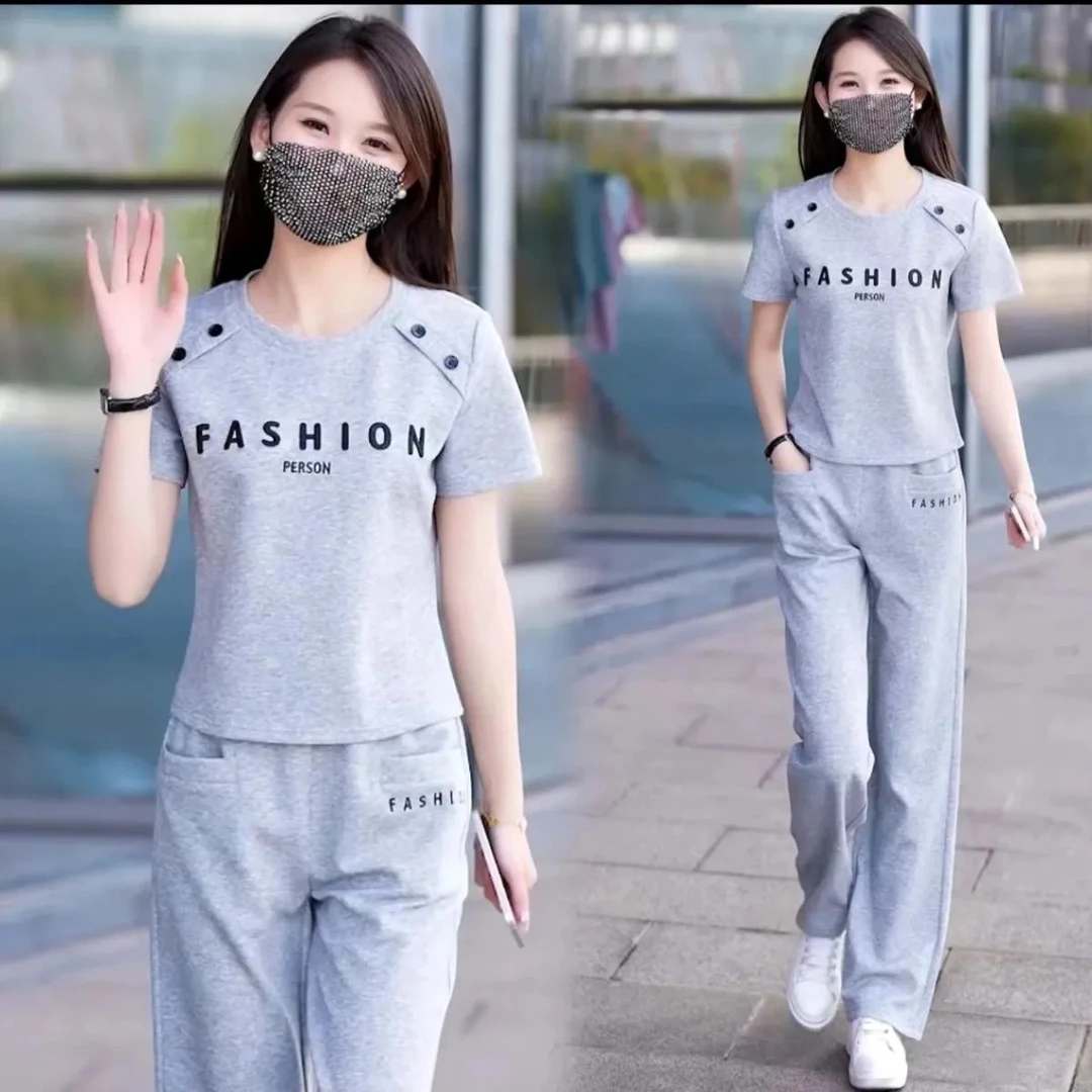 休闲运动套装大码女士2025时尚夏天薄款显瘦气质夏装印花跑步休闲