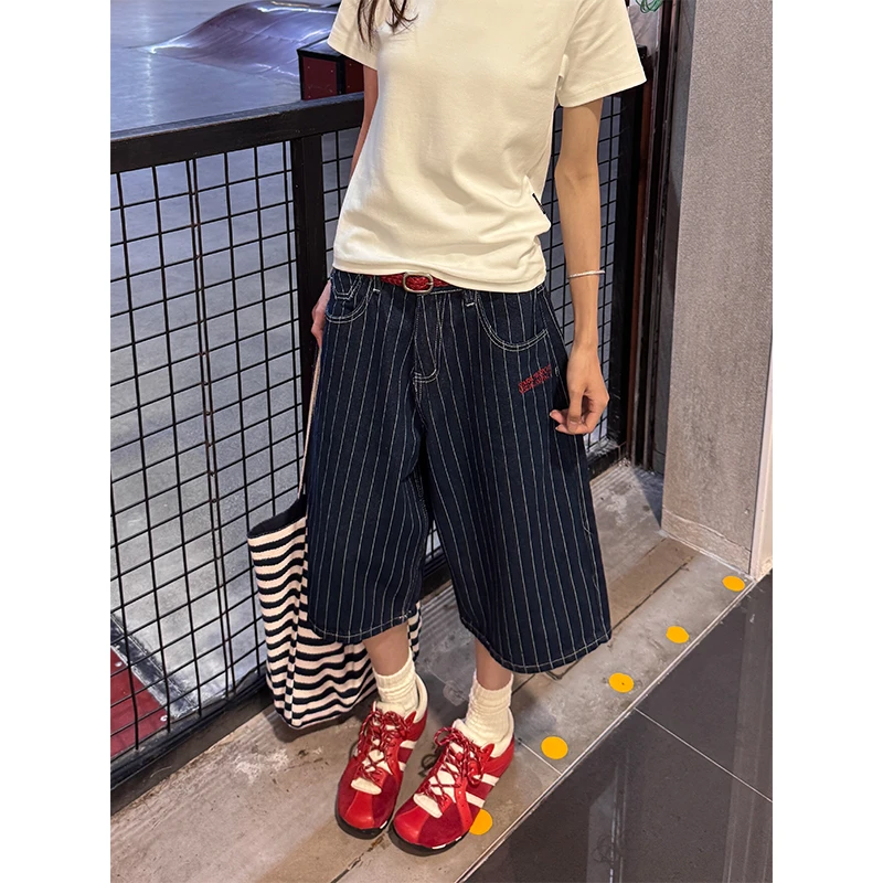 URKR美式复古条纹刺绣牛仔七分裤男女夏季宽松休闲百搭阔腿短裤