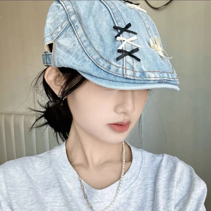 甜美蝴蝶结牛仔前进帽子女韩版百搭贝雷帽复古水洗做旧反戴报童帽