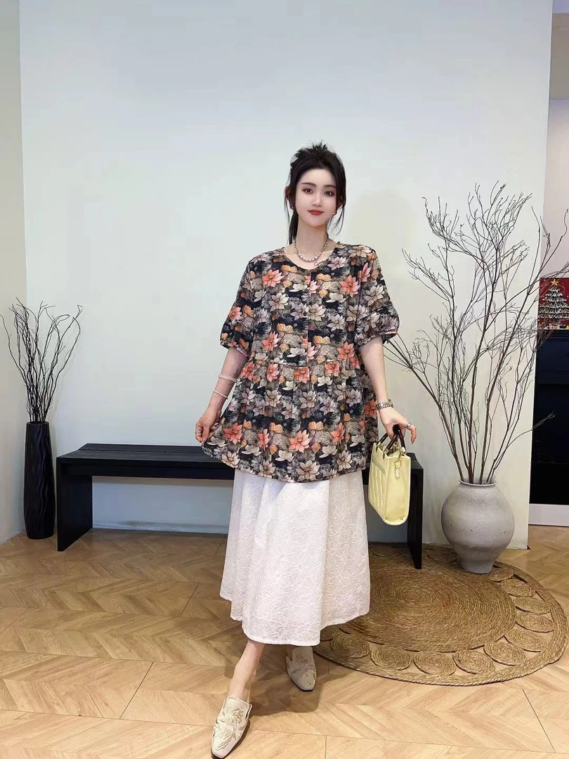 夏季新款荷花复古新中式遮肉圆领衬衫宽松休闲大码上衣森系百搭