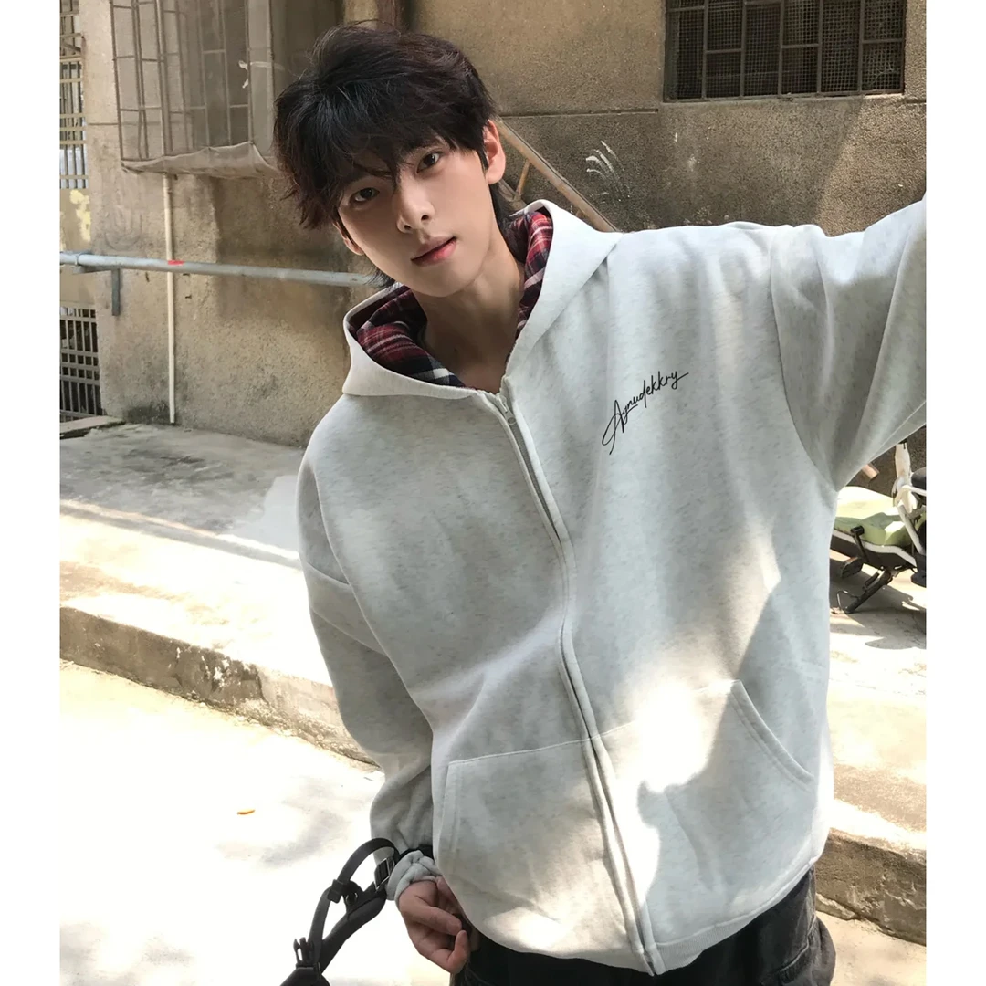 美式个性风印花拼接格子开衫连帽卫衣男女秋冬季宽松拉链情侣外套