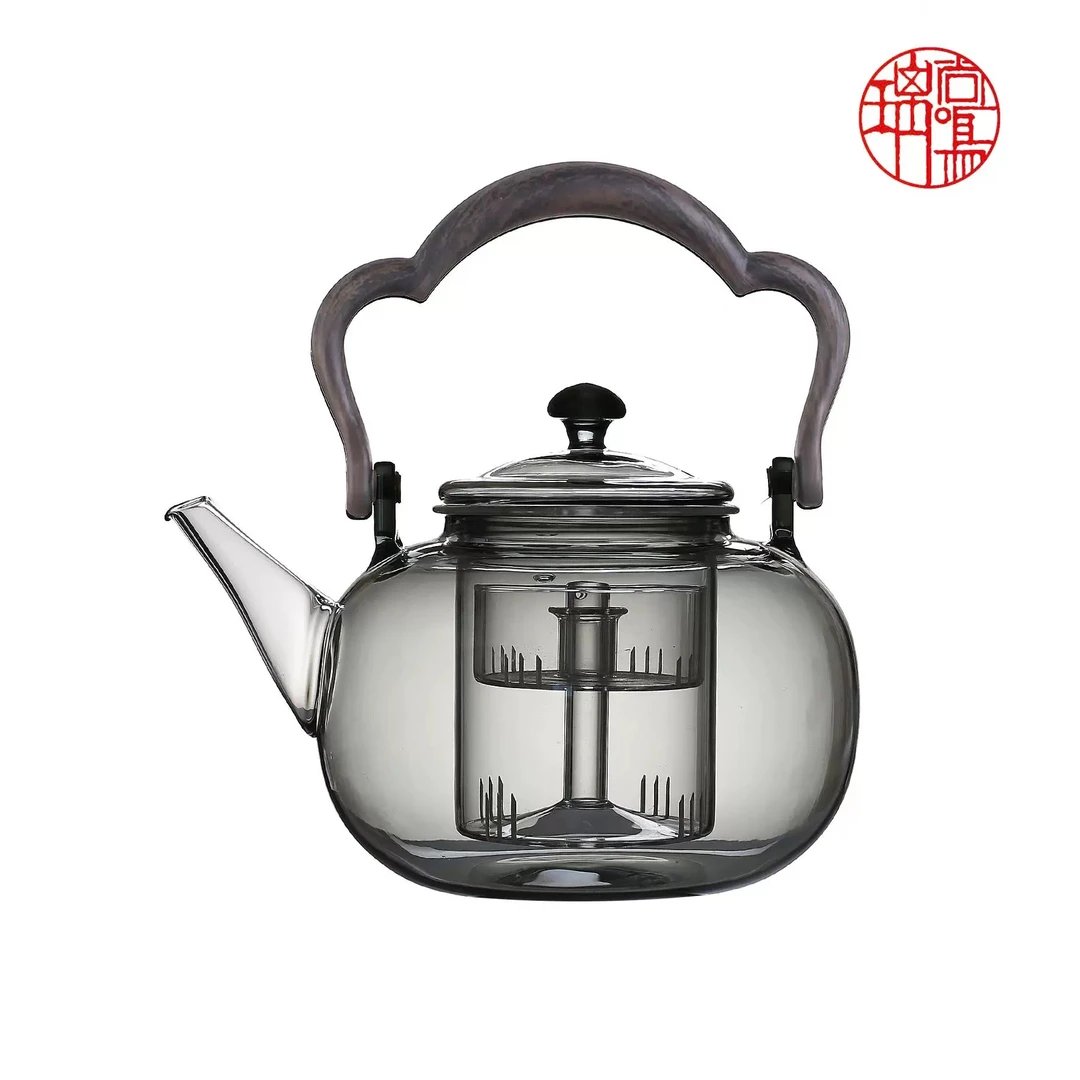 璃尚鸣品牌加厚耐热玻璃家用烟熏色烧水煮茶过滤提梁茶壶公道壶
