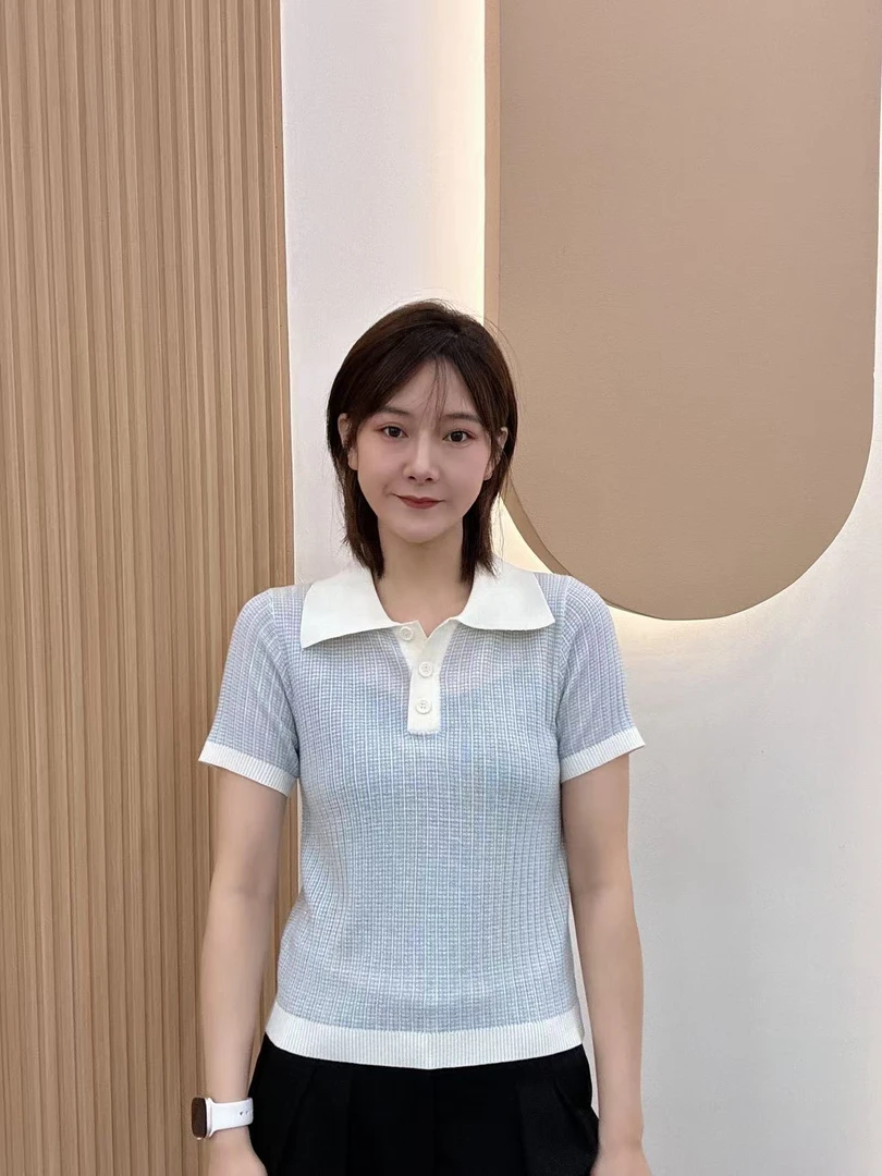 早秋修身洋气减龄法式撞色翻领针织短袖6059