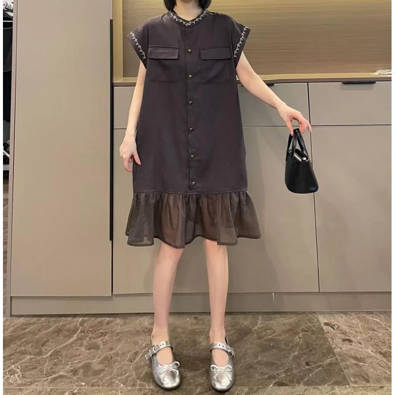 米可/MK-2384LJ【刺绣小飞袖拼纱连衣裙】时尚休闲夏季新款连衣裙