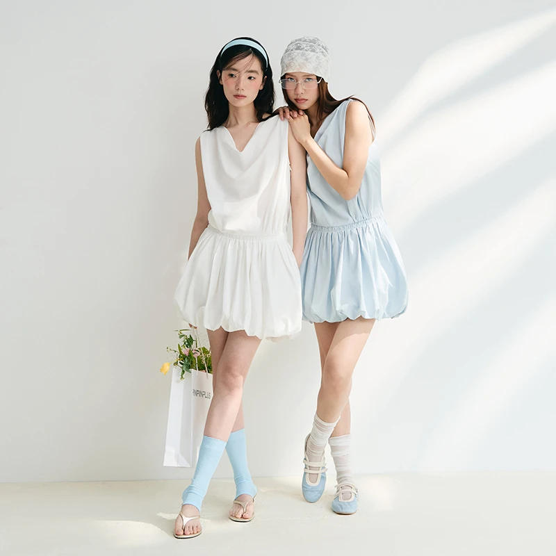 PINPINPLUS丨「悠闲假日」荡领蕾丝拼接季花苞短裙PABEB622005G