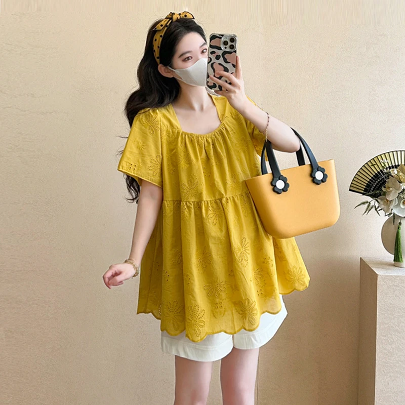 【伊伊】孕妇装2025夏季新款时尚上衣孕妇韩版蕾丝刺绣减龄娃娃衫