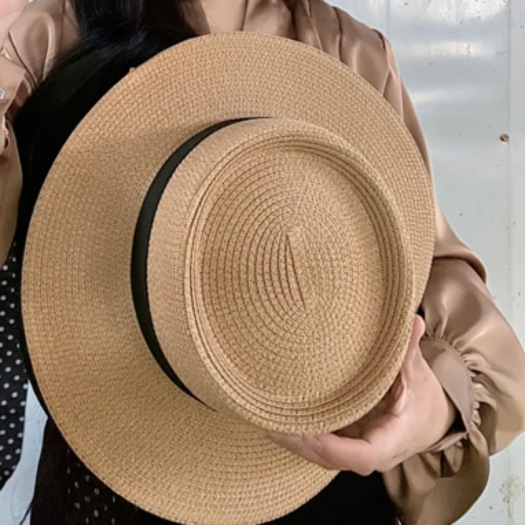 法式平顶草帽女款遮阳防晒沙滩度假编织礼帽大头围太阳帽
