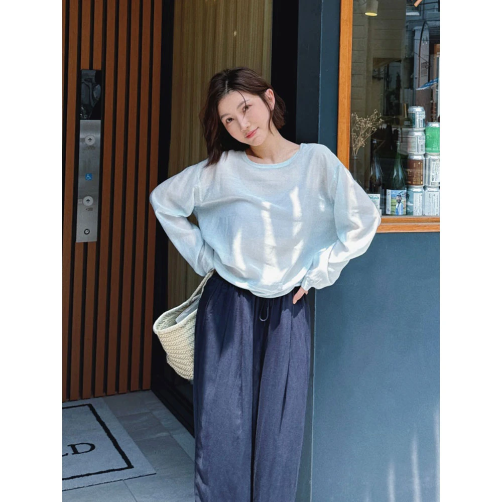 【MGDM】轻薄冰感遮阳物理防晒锦纶休闲圆领罩衫上衣长袖T恤女