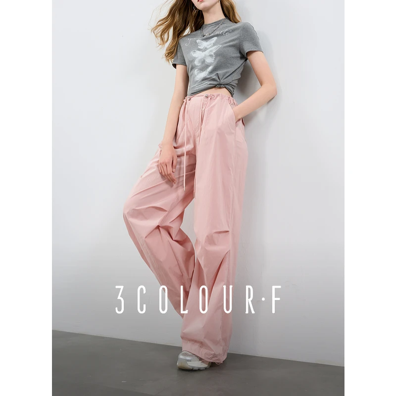 三彩独醒2025春季新款粉色高腰宽松户外工装裤小个子休闲长裤女F