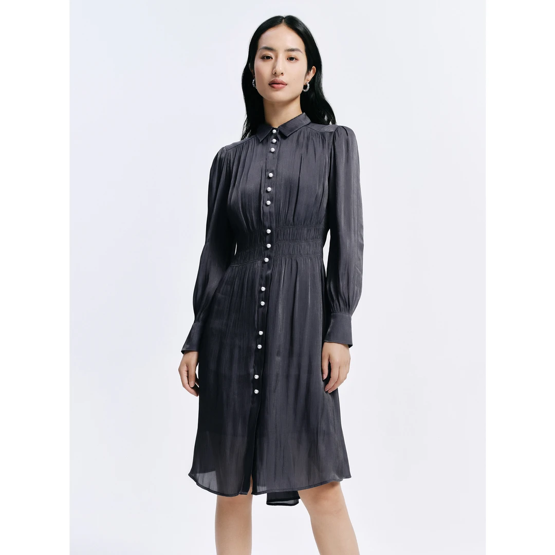 【丽公主专属】玖姿安娜蔻JTDQ50009深蓝法式打揽X型珠光绉连衣裙女