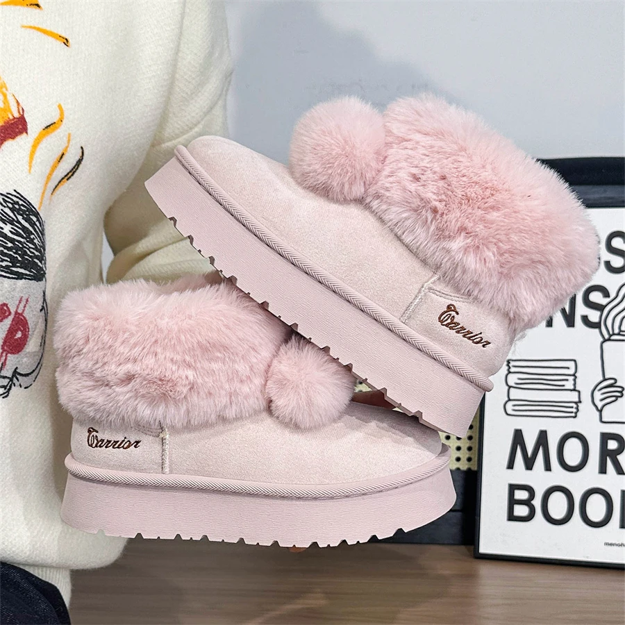 回力香芋紫毛绒雪地靴女冬季加绒加厚保暖厚底棉鞋百搭毛球装饰潮
