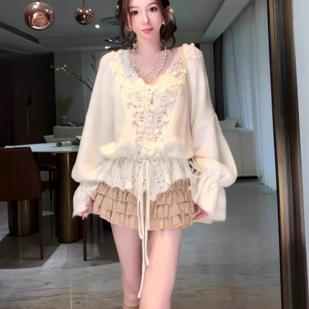 2025新款春秋毛针织开衫镂空长袖女装薄款V领宽松型法式毛衣外套