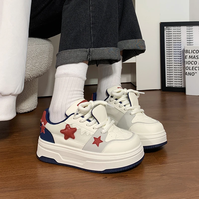 人本网面星星板鞋女2025爆款美式复古小白鞋韩版休闲鞋子女