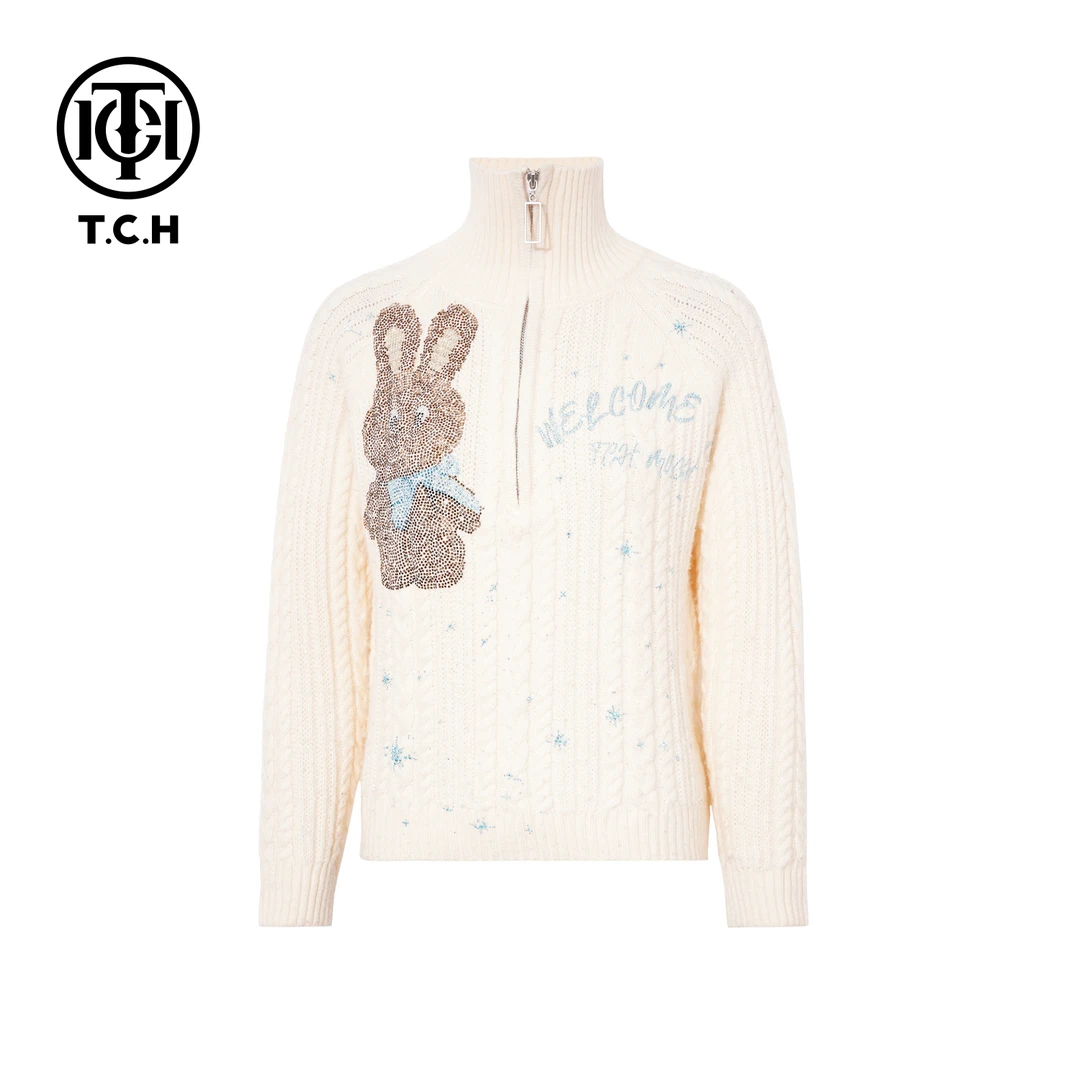 TCH【柔软舒适】冬款时尚烫钻米色休闲风女装针织衫T75D09E1166