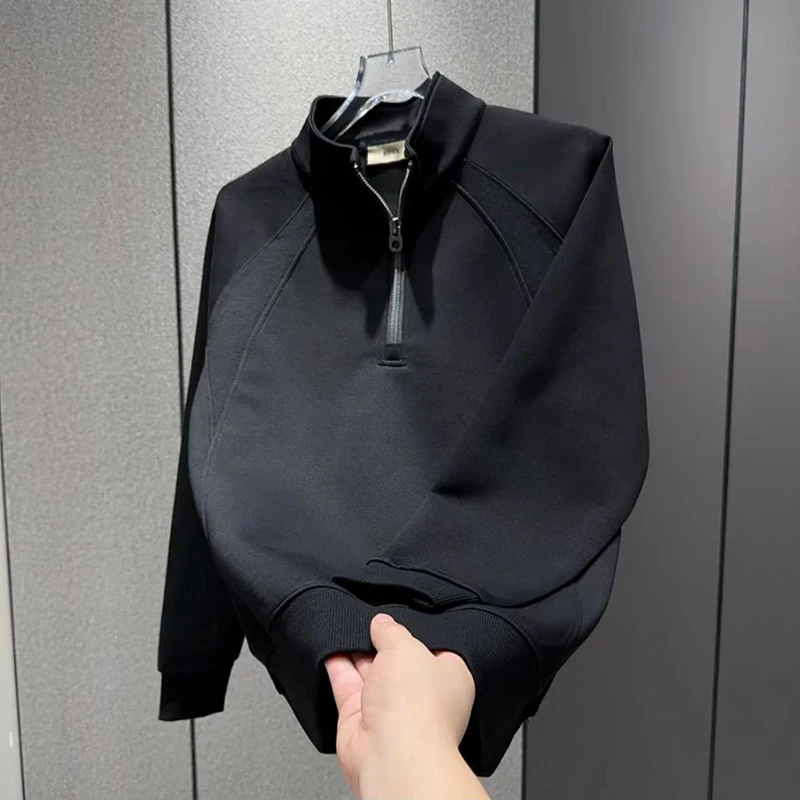 特大码300斤新款小众通勤男士半拉链拼接立领卫衣秋冬高级款上衣