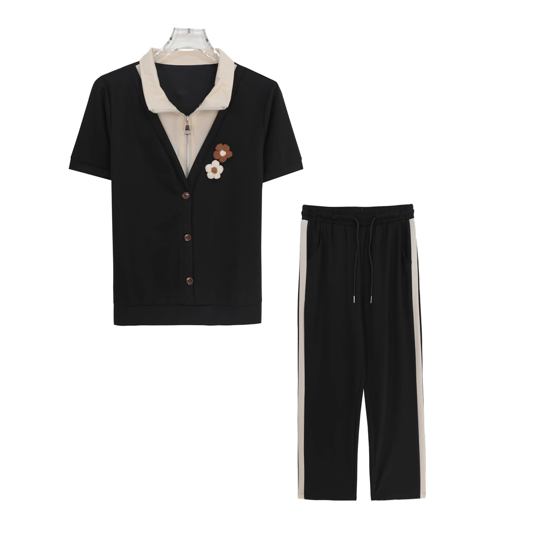 气质拼接休闲设计师短袖夏季撞色阔腿裤子套装S428