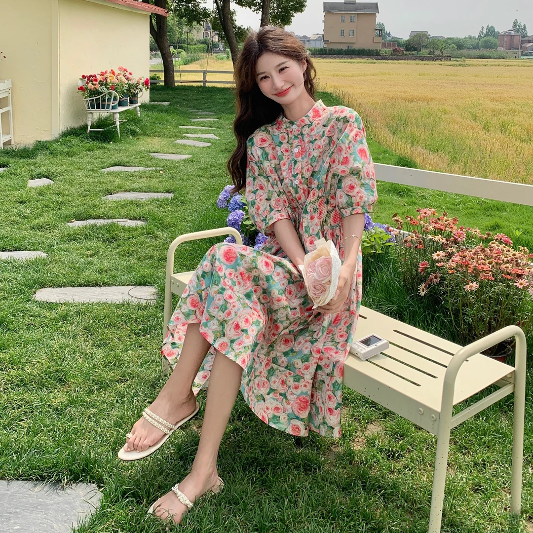 氛围感印花衬衫裙2025夏季新款设计感时尚洋气甜美减龄高腰中长裙