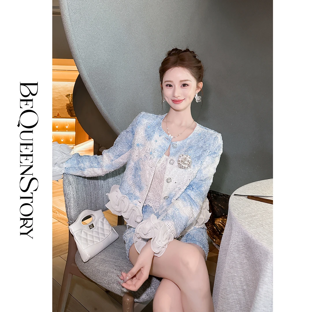 韩韩IU【塞纳云朵】时尚气质法式重工亮片粗花呢圆领外套&A字短裤