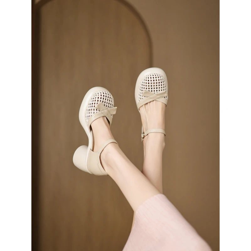 【4/7cm/头层羊皮】包头镂空凉鞋厚底粗跟罗马鞋6292